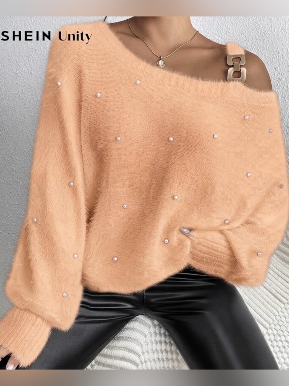 SHEIN Light Peach with Pearls Off-The-Shoulder Fuzzy Sweater